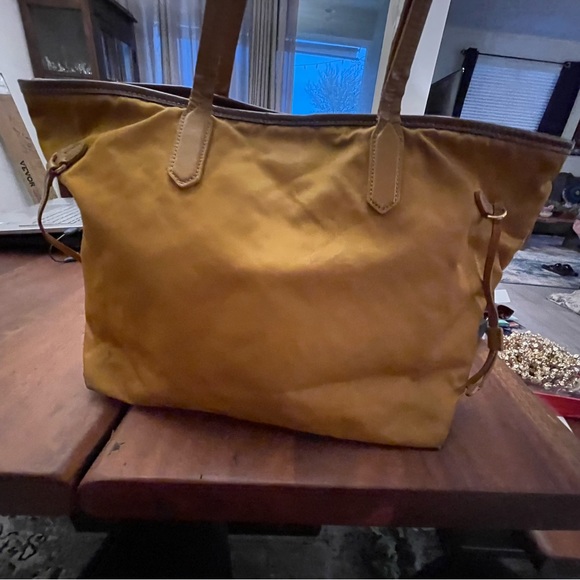 Prada Nylon Tote Saffiano Leather Tessuto Shoulder Tote Pre Loved Yellow - Picture 13 of 16